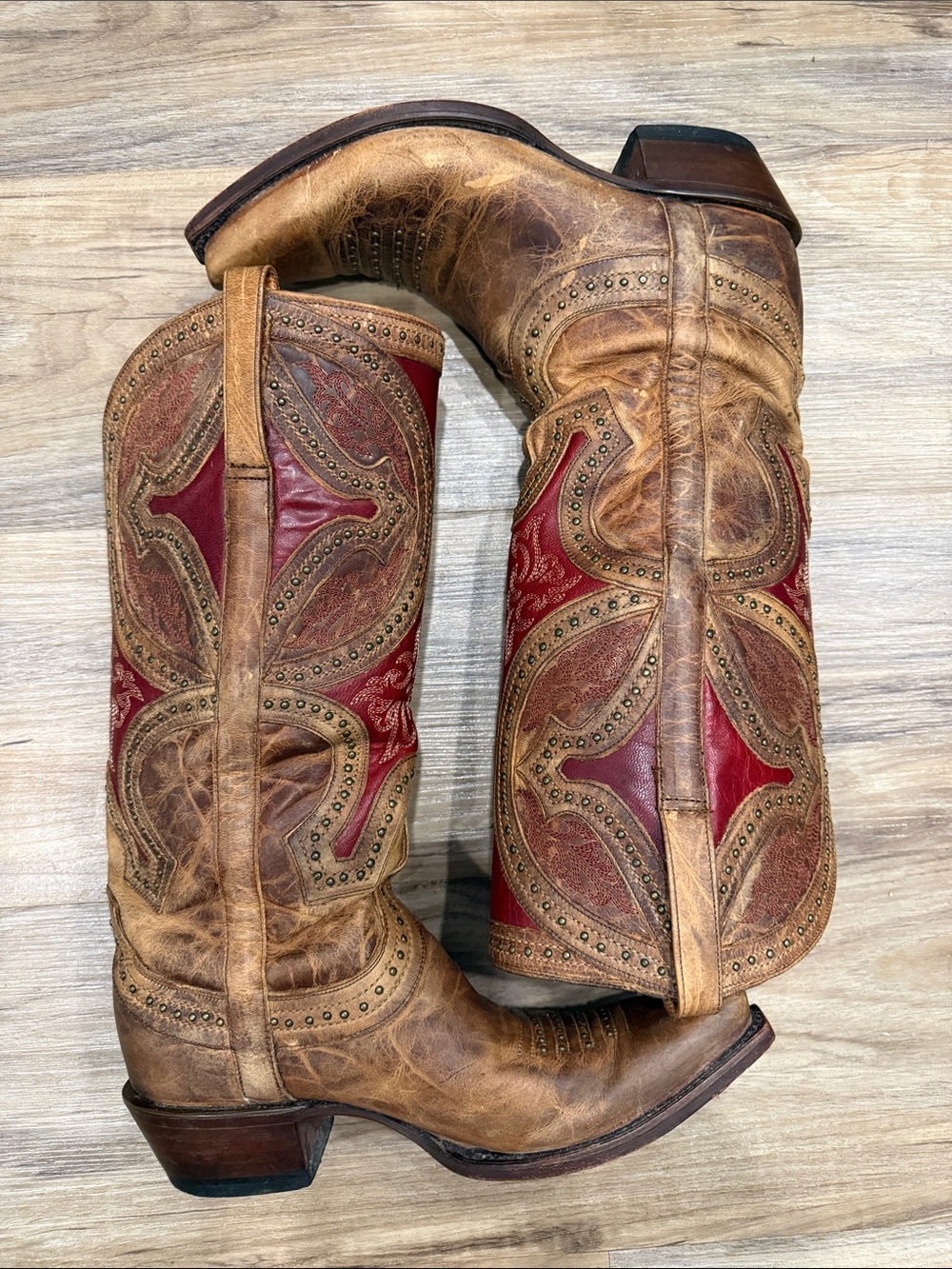 Lucchese Women's Brown Leather Cowboy Boots with Red Shaft - Picture 5 of 14